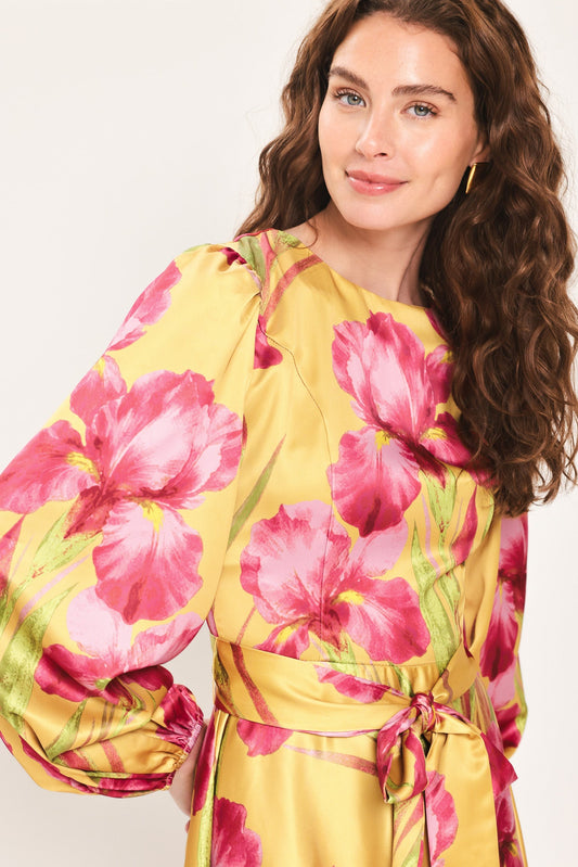 GOLDEN HAZE GOLDEN BROWN PRINTED BELTED MIDI DRESS