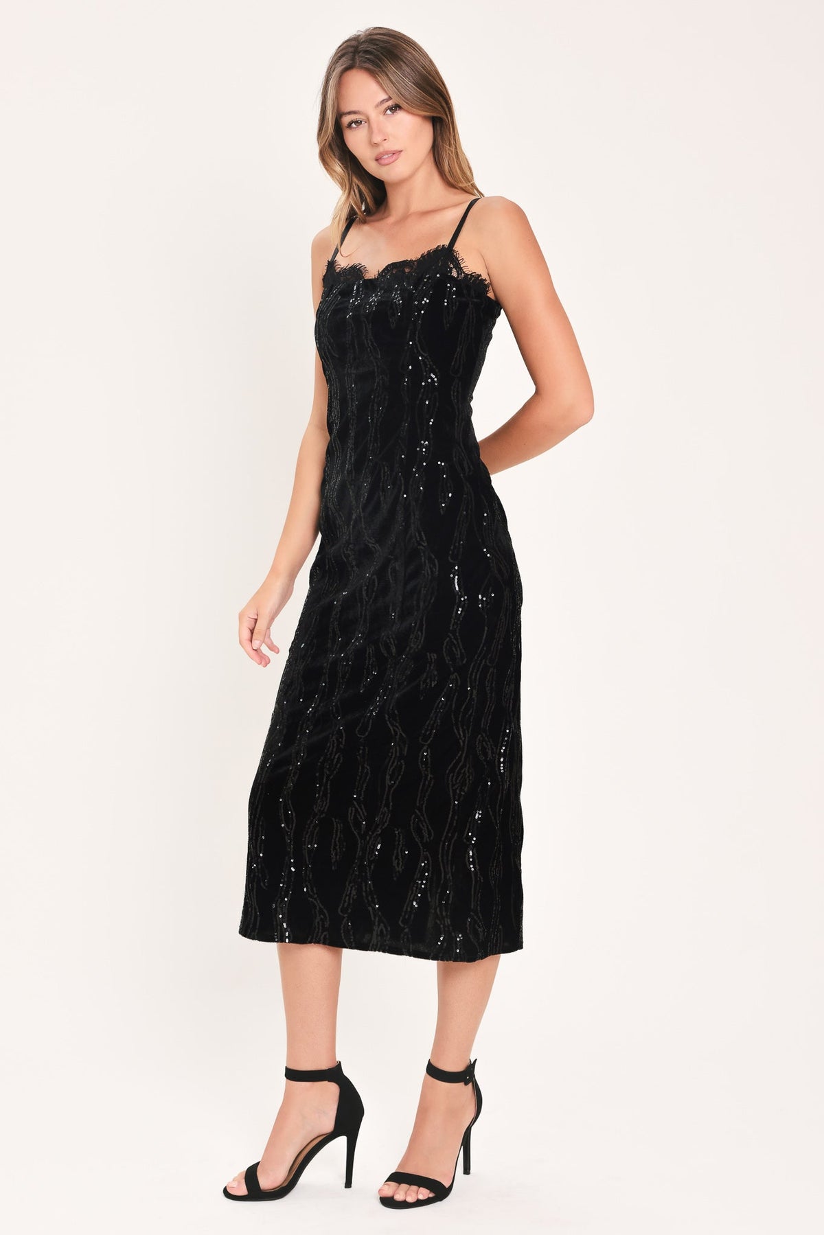 VELVET OBSESSION BLACK SEQUIN SWEETHEART MIDI DRESS