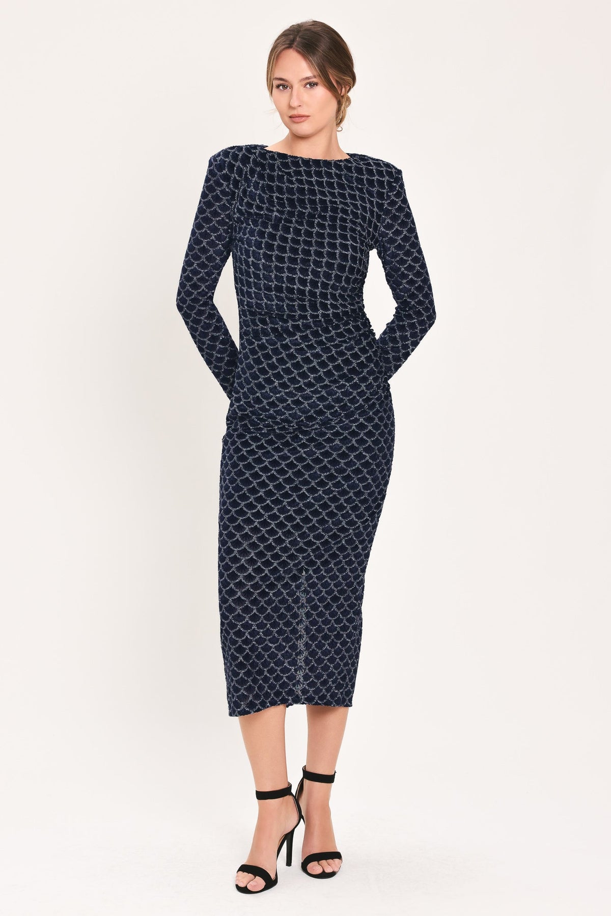 NAVY VEIL NAVY METALLIC BURNOUT VELVET RUCHED MIDI DRESS