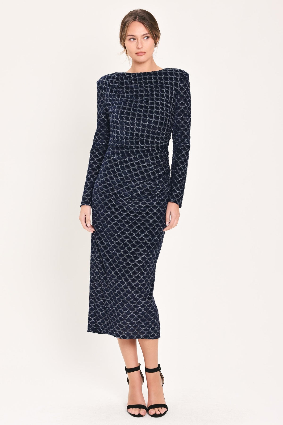 NAVY VEIL NAVY METALLIC BURNOUT VELVET RUCHED MIDI DRESS