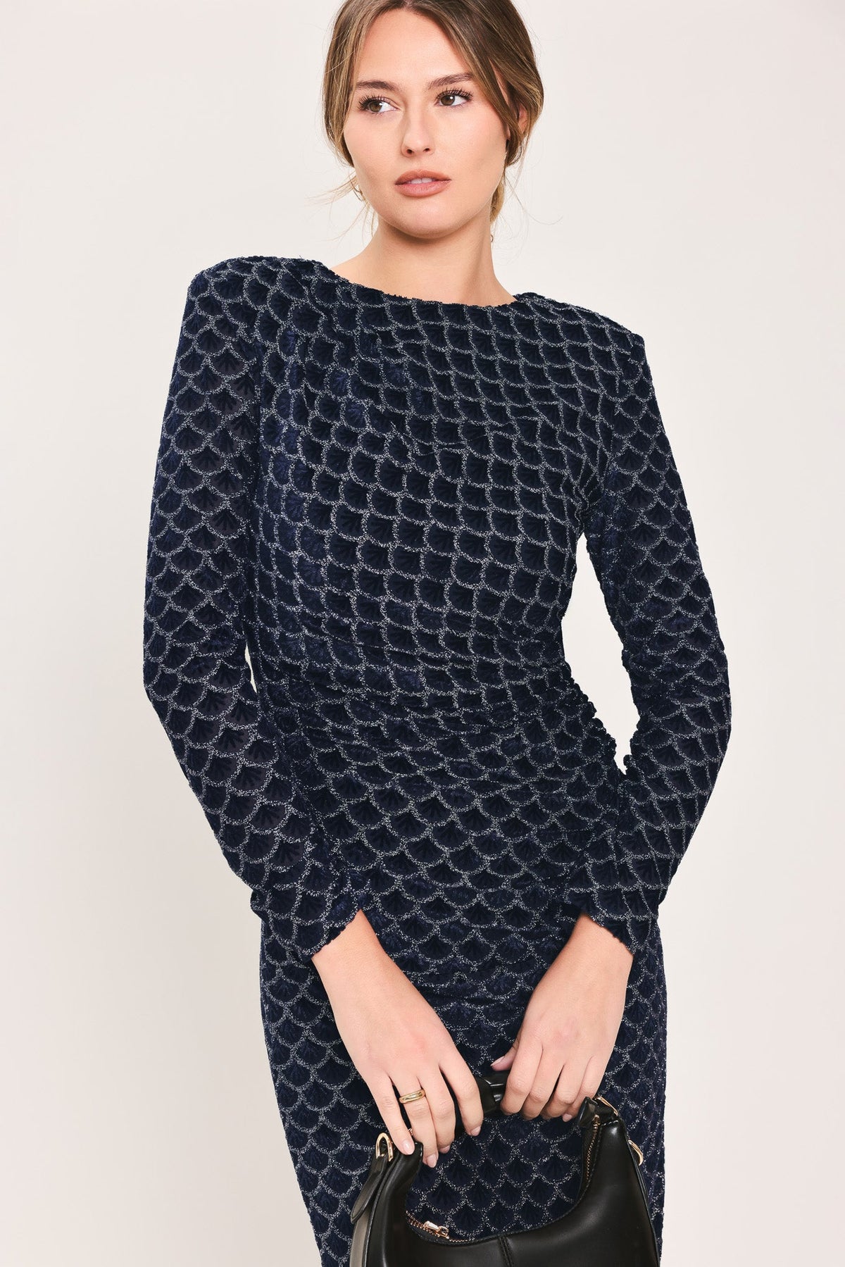 NAVY VEIL NAVY METALLIC BURNOUT VELVET RUCHED MIDI DRESS