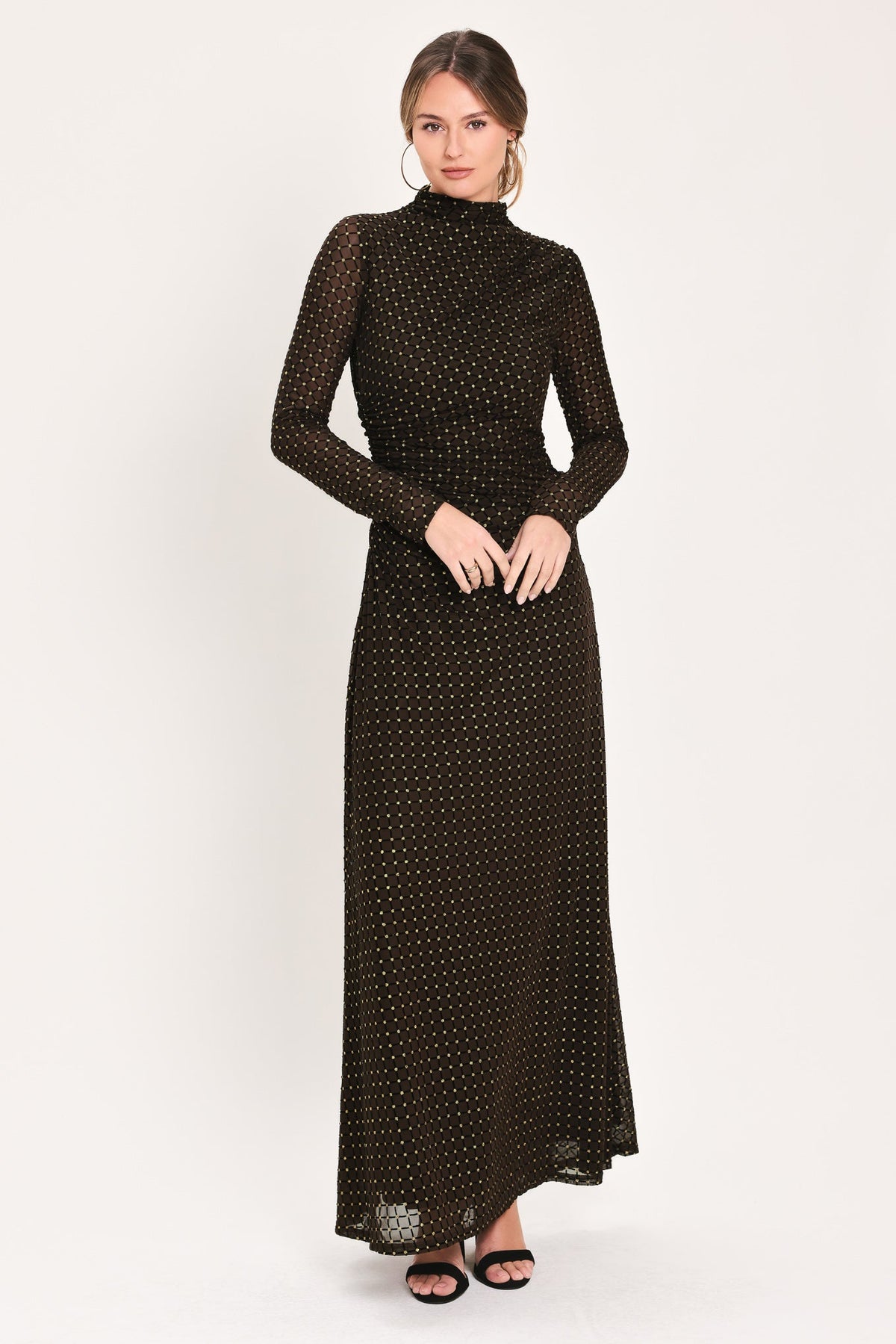 COCOA VEIL DARK BROWN BURNOUT VELVET MESH MAXI DRESS
