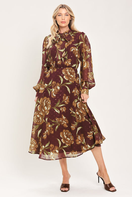 MERLOT MOMENT BURGUNDY TEXTURED TIE-NECK MIDI DRESS