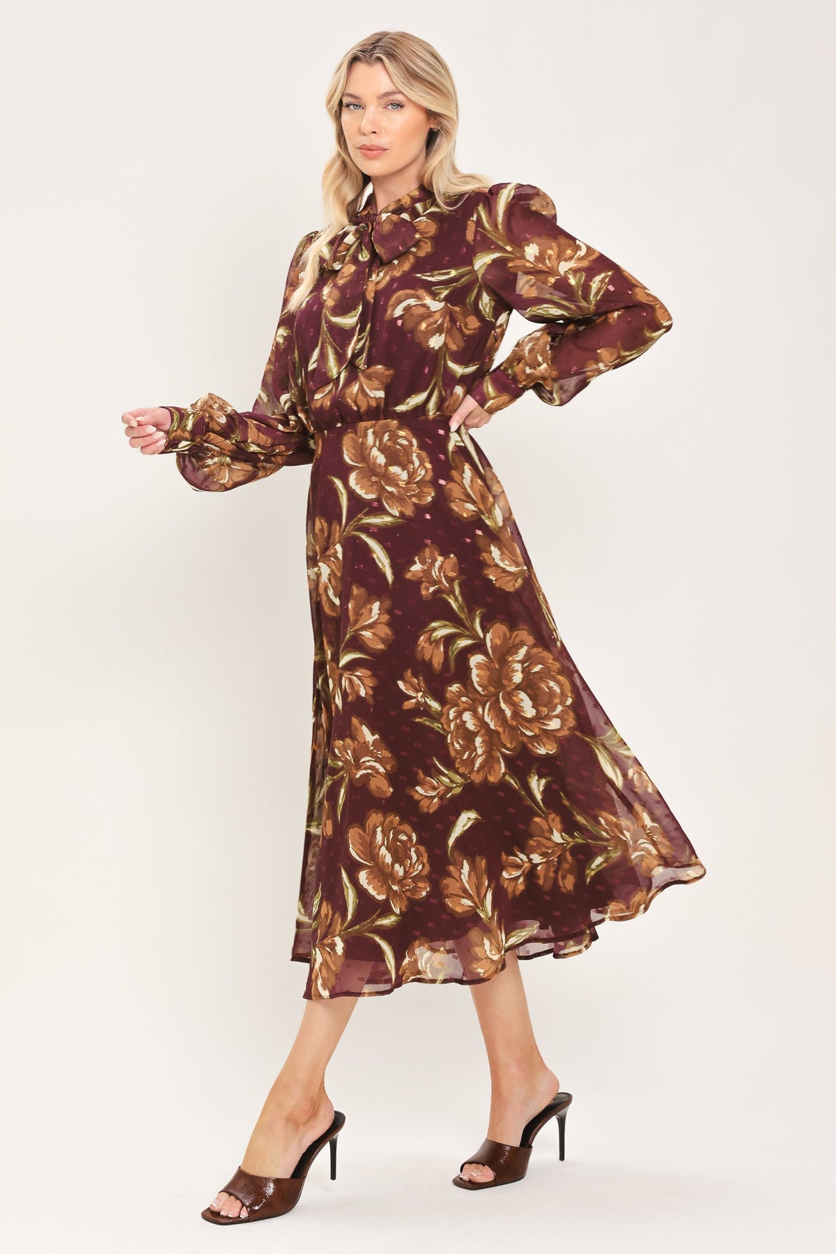 MERLOT MOMENT BURGUNDY TEXTURED TIE-NECK MIDI DRESS