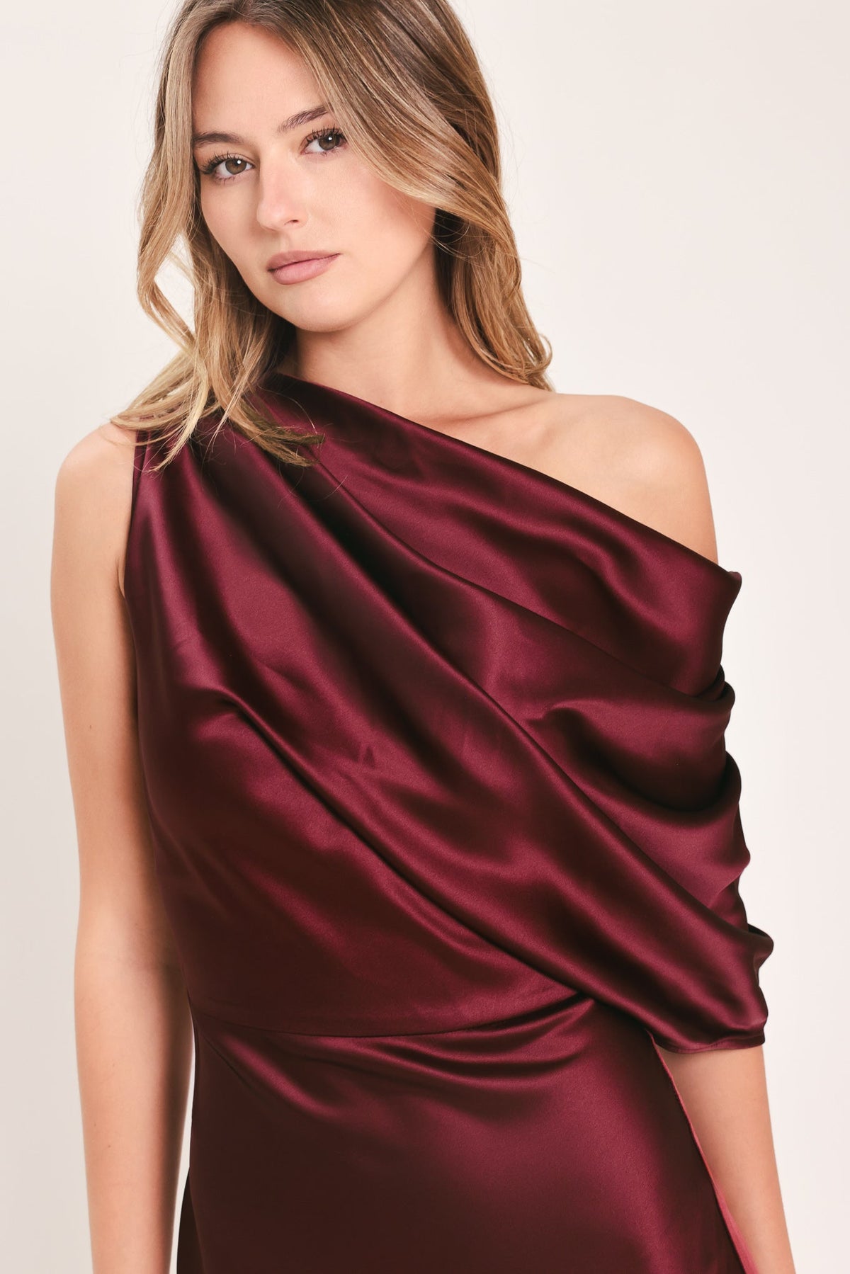 GILDED DRAPE SATIN ONE-SHOULDER MAXI DRESS
