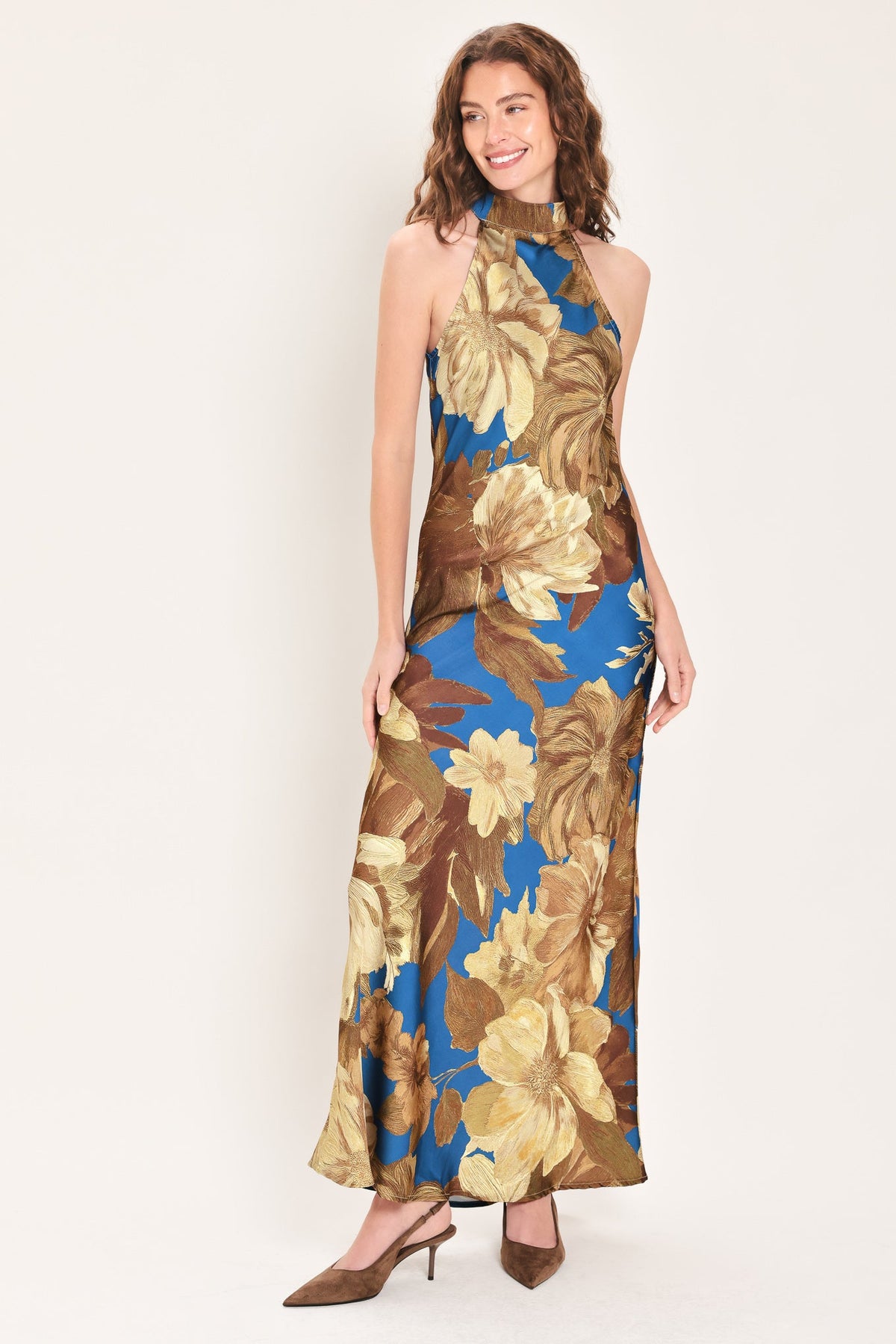 DEEP TEAL DREAM PRINTED HIGH-HALTER MAXI DRESS