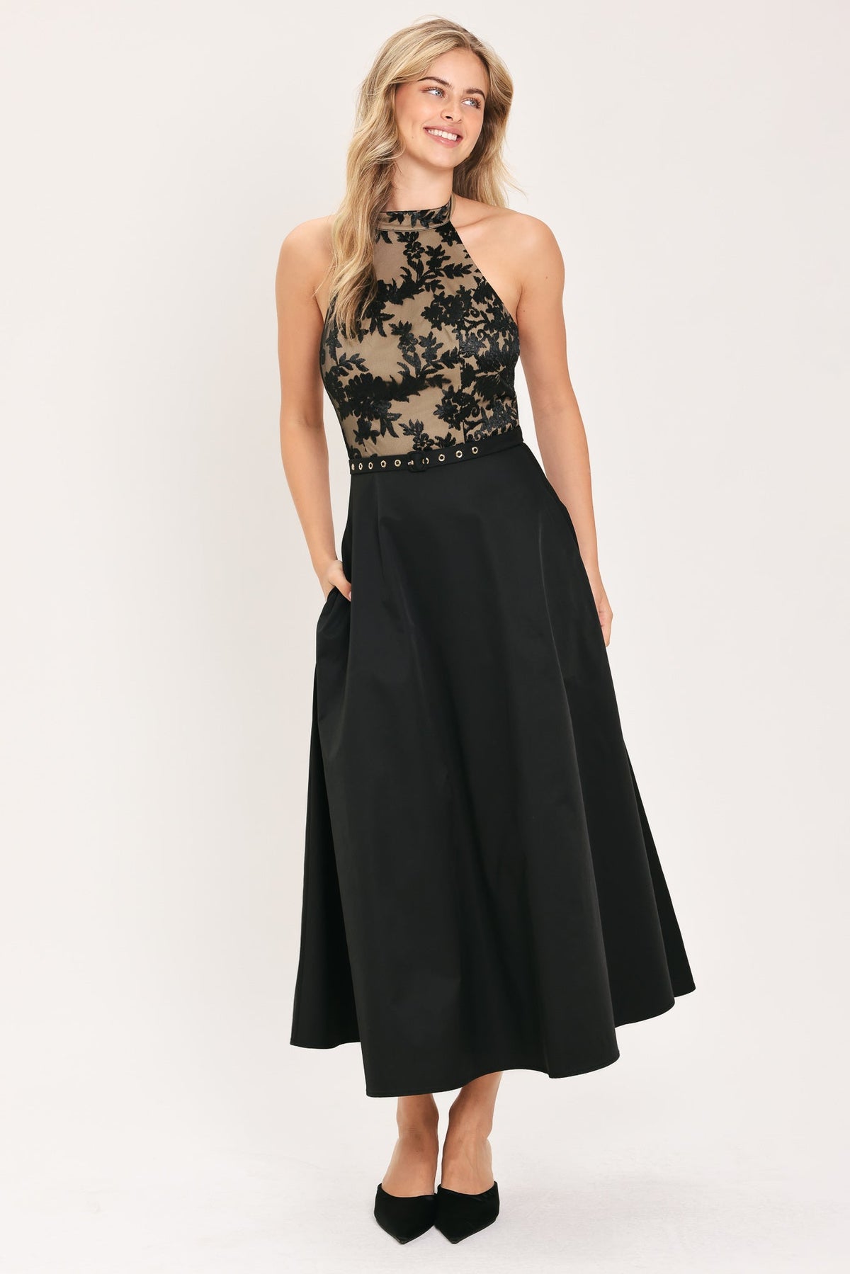 MIDNIGHT LACE BLACK HALTER LACE-BODICE MIDI DRESS