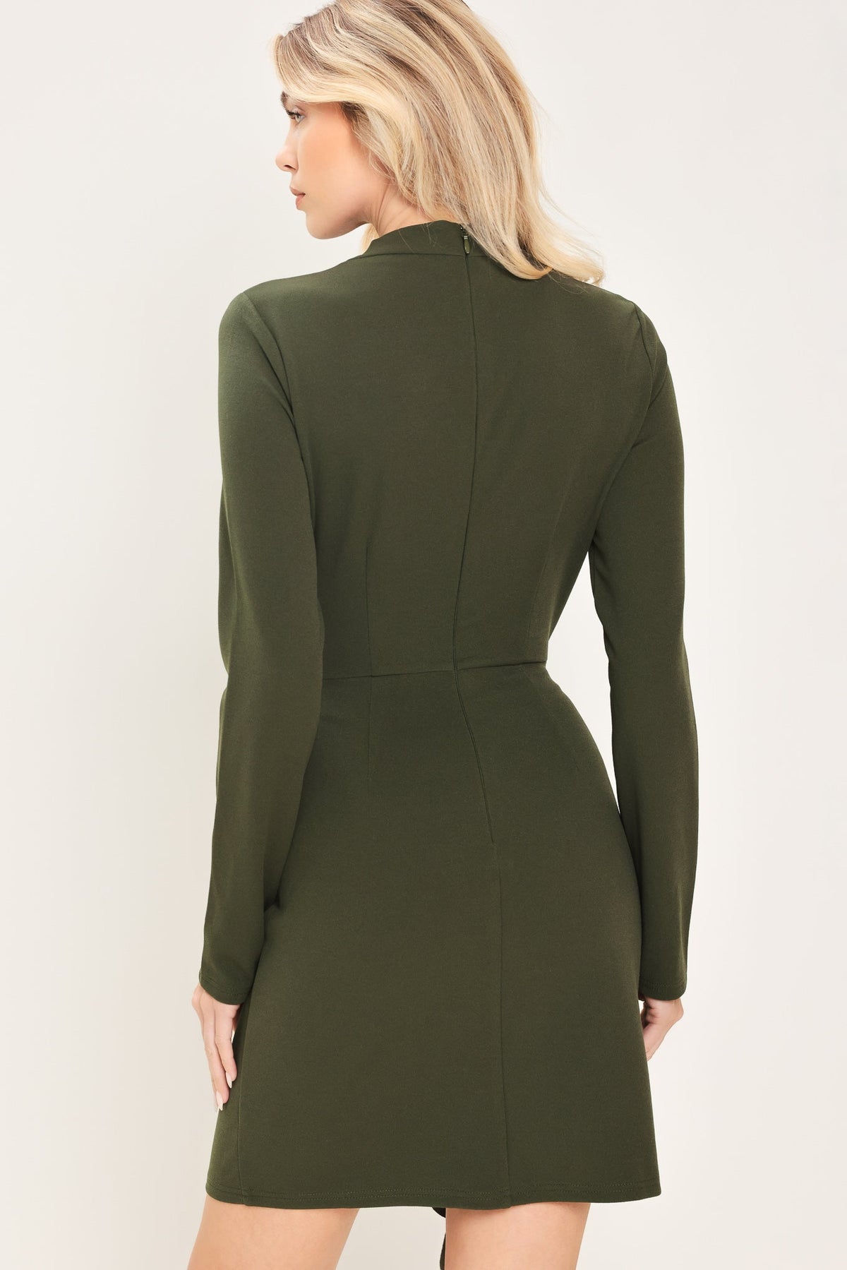 OLIVE ATTITUDE DARK OLIVE FUNNEL-NECK RUFFLE MINI DRESS