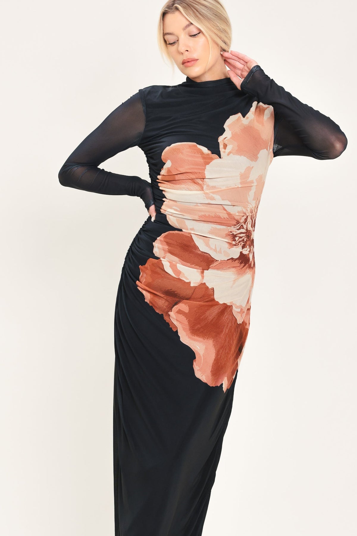 SHADOW BLOOM BLACK PRINTED MESH SHIRRED MIDI DRESS
