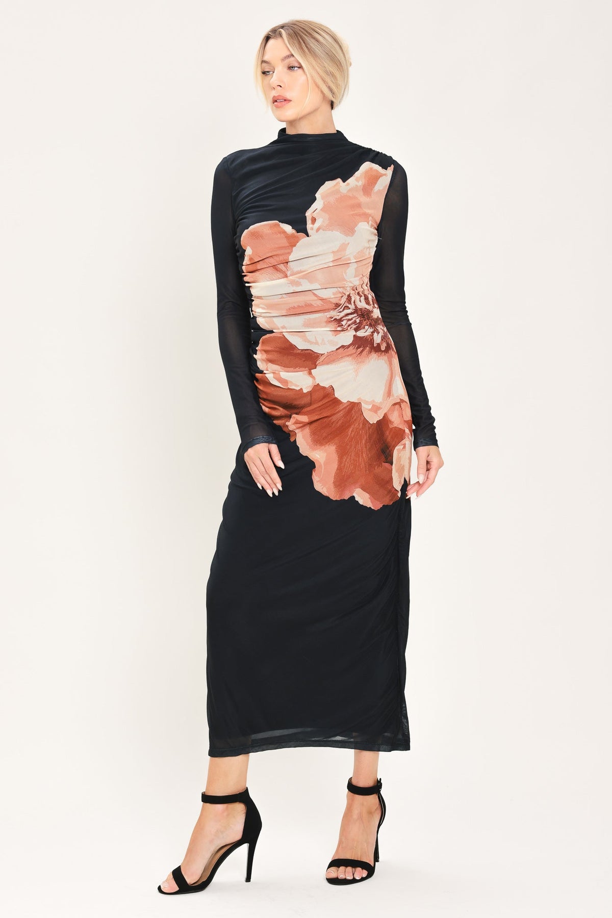 SHADOW BLOOM BLACK PRINTED MESH SHIRRED MIDI DRESS