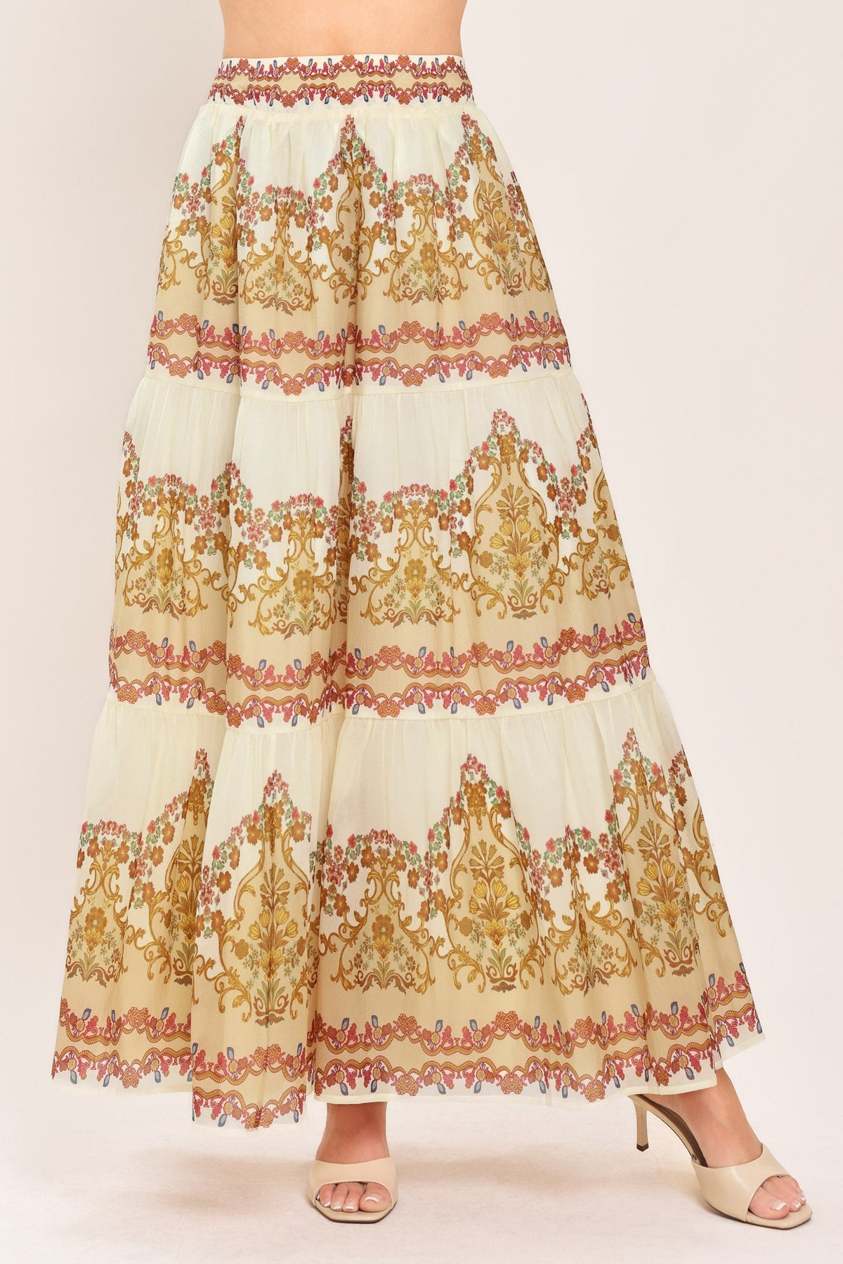 GILDED SCROLL PRINT WOVEN MAXI SKIRT