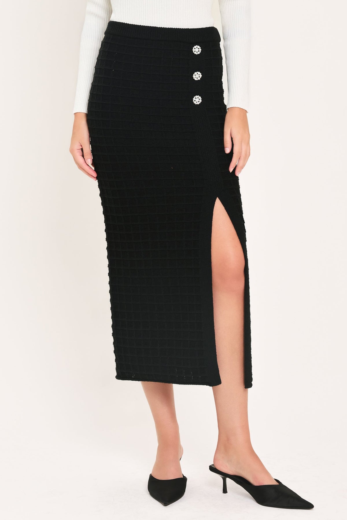 POLISHED MOMENT BLACK BUTTON-SLIT SWEATER MIDI SKIRT