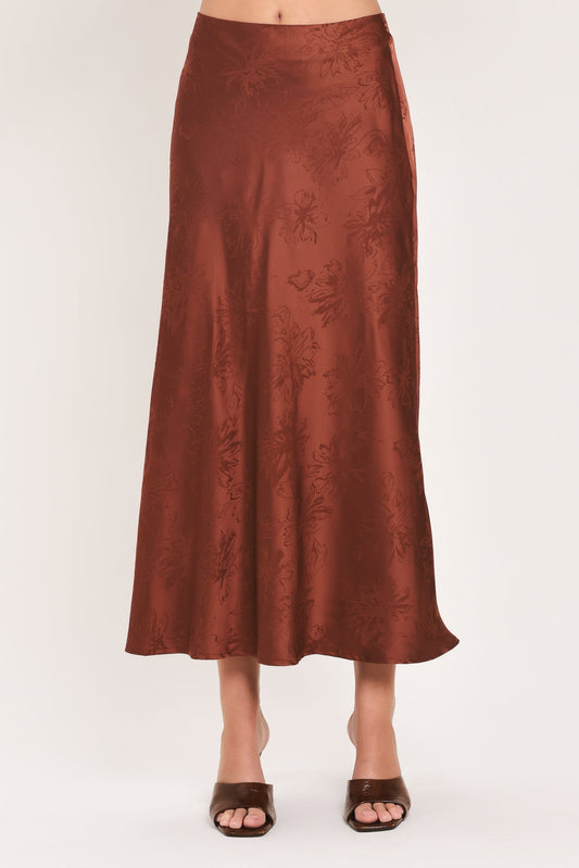 BURGUNDY DYNASTY JACQUARD SATIN MIDI SKIRT