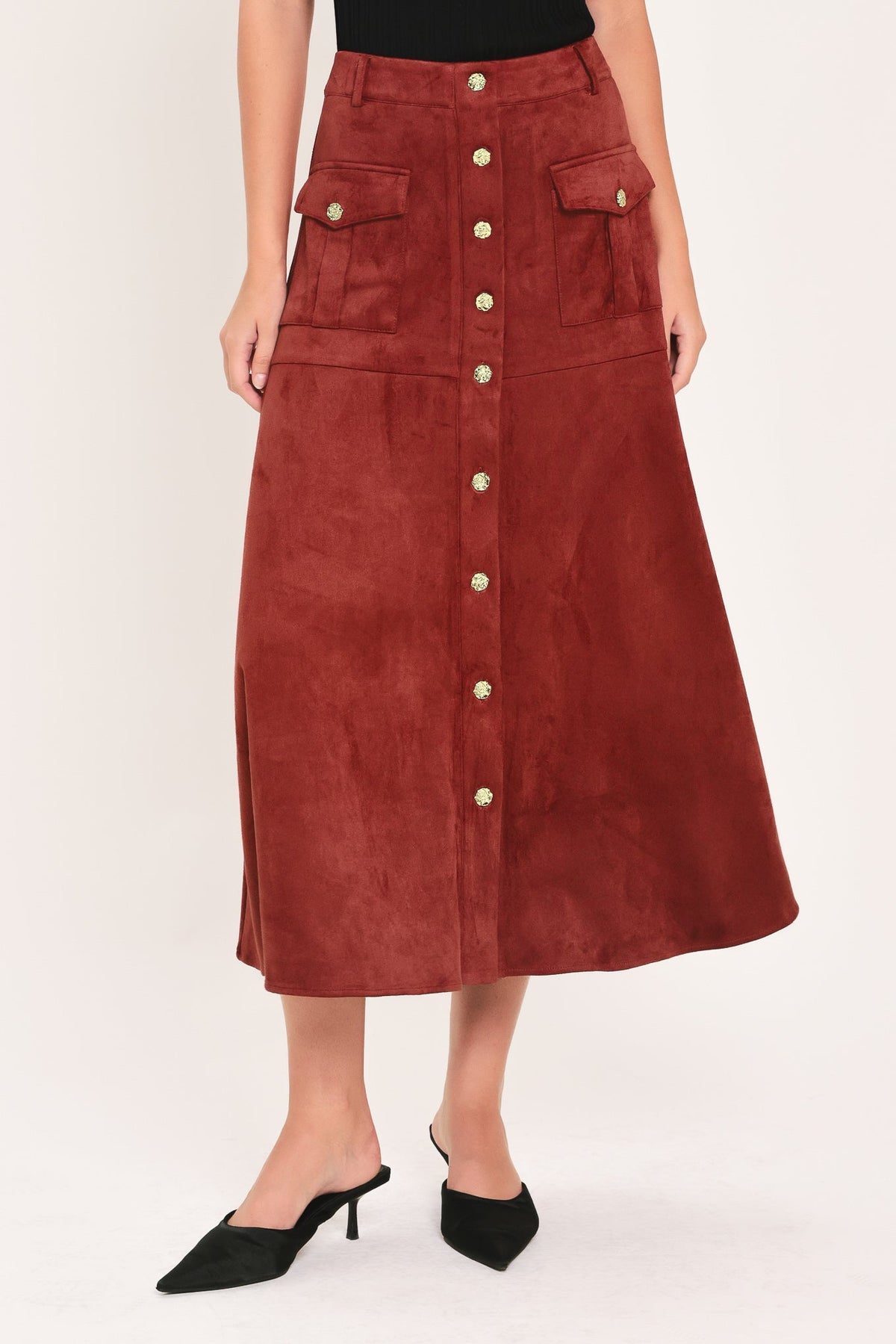 RUSTIC ROMANCE BRICK FAUX SUEDE BUTTON-FRONT MIDI SKIRT