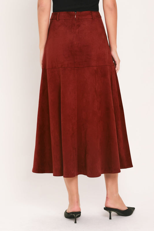 RUSTIC ROMANCE BRICK FAUX SUEDE BUTTON-FRONT MIDI SKIRT