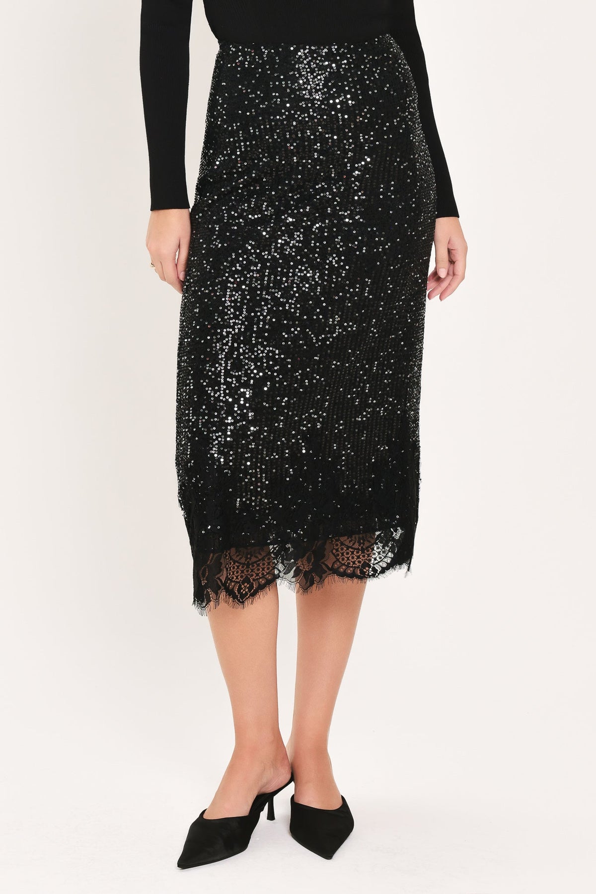 BRONZE LUSTER BRONZE/BLACK SEQUIN LACE-HEM MIDI SKIRT