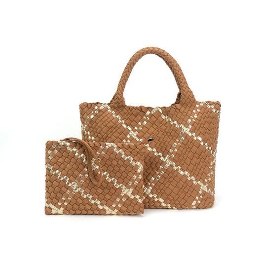 The Charli | Large Woven Neoprene Tote with Wristlet | Almond with Gold Stripe