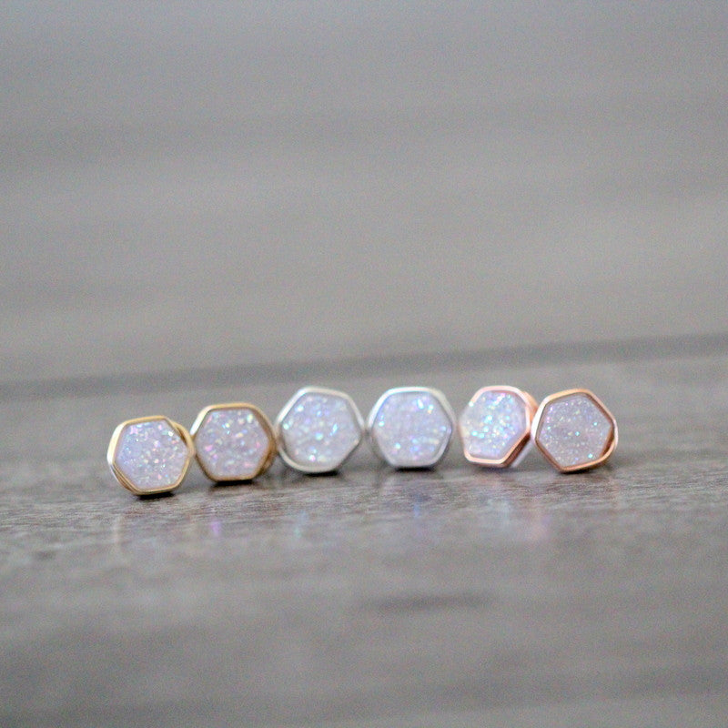 Hexagon Druzy Studs - Cottontail