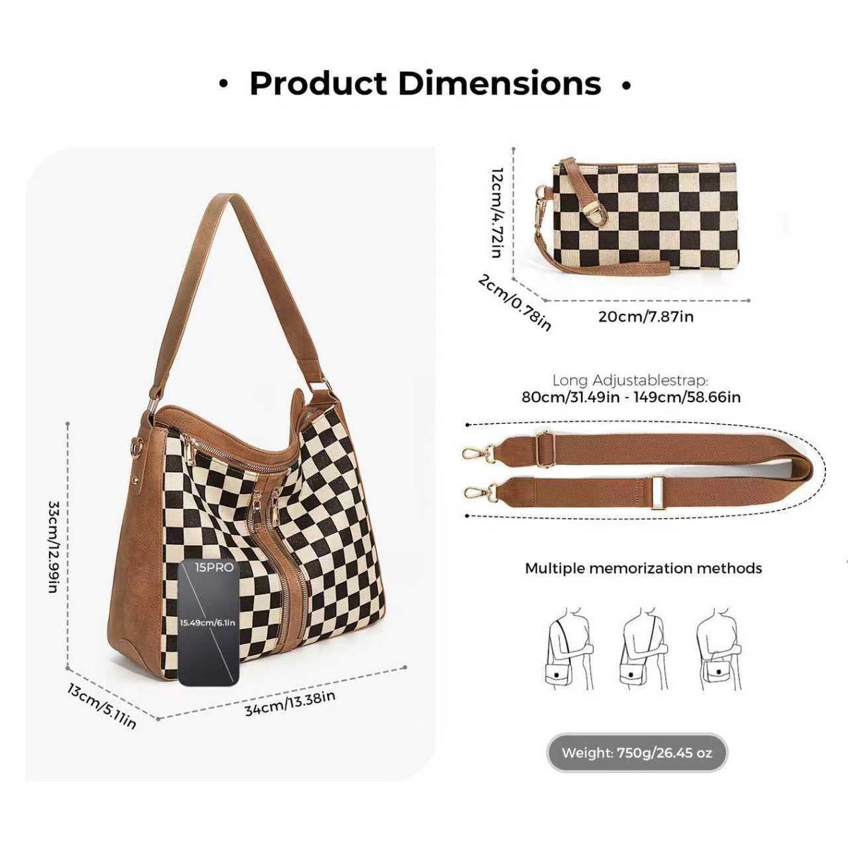 Vanessa Mixed-Media Checkered Convertible Bucket Hobo Shoulder Crossbody 2-Piece Bag