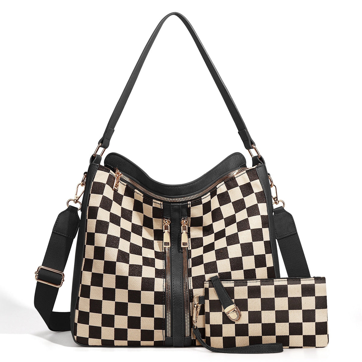 Vanessa Mixed-Media Checkered Convertible Bucket Hobo Shoulder Crossbody 2-Piece Bag