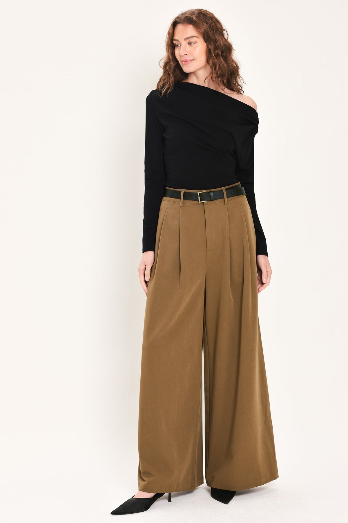 CITY CINCH BLACK/BROWN BELTED WIDE-LEG PANTS