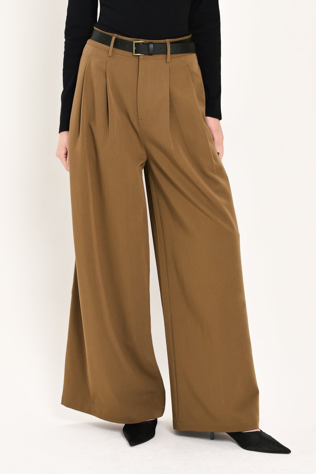 CITY CINCH BLACK/BROWN BELTED WIDE-LEG PANTS