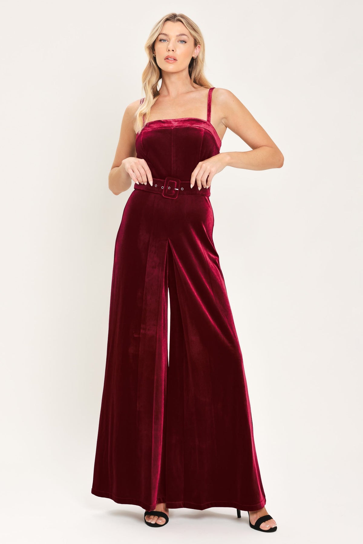 WINE AFTER DARK VELVET BELTED WIDE-LEG JUMPSUIT
