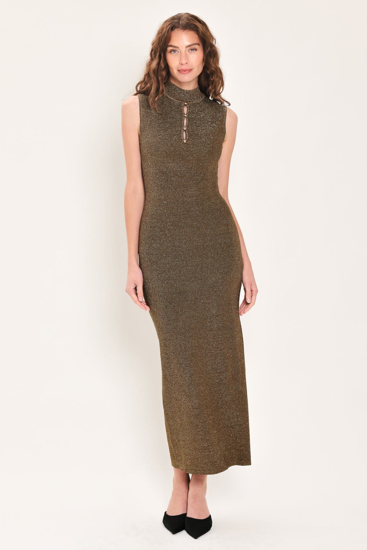 COCOA POISE BROWN KEYHOLE SLEEVELESS SWEATER MIDI DRESS