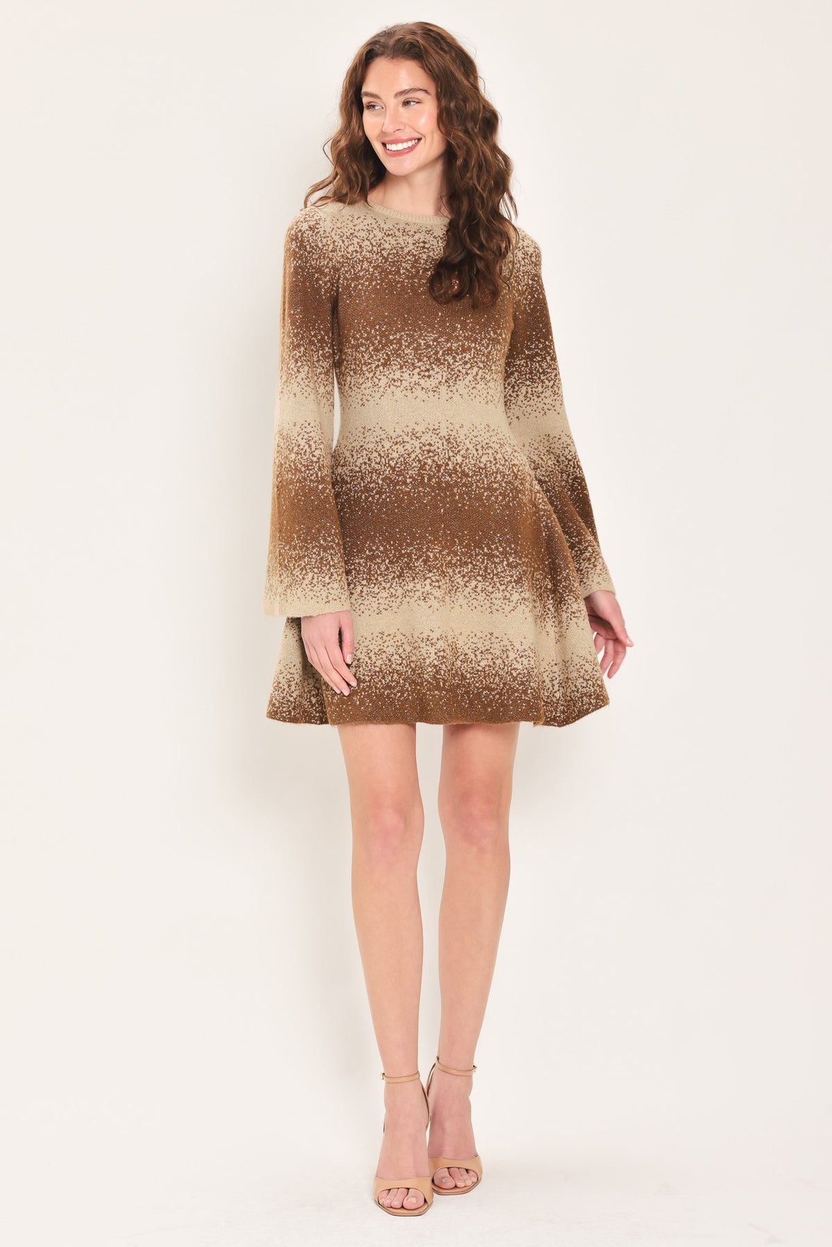 AUTUMN SHIMMER BROWN MULTI LUREX BELL-SLEEVE MINI DRESS