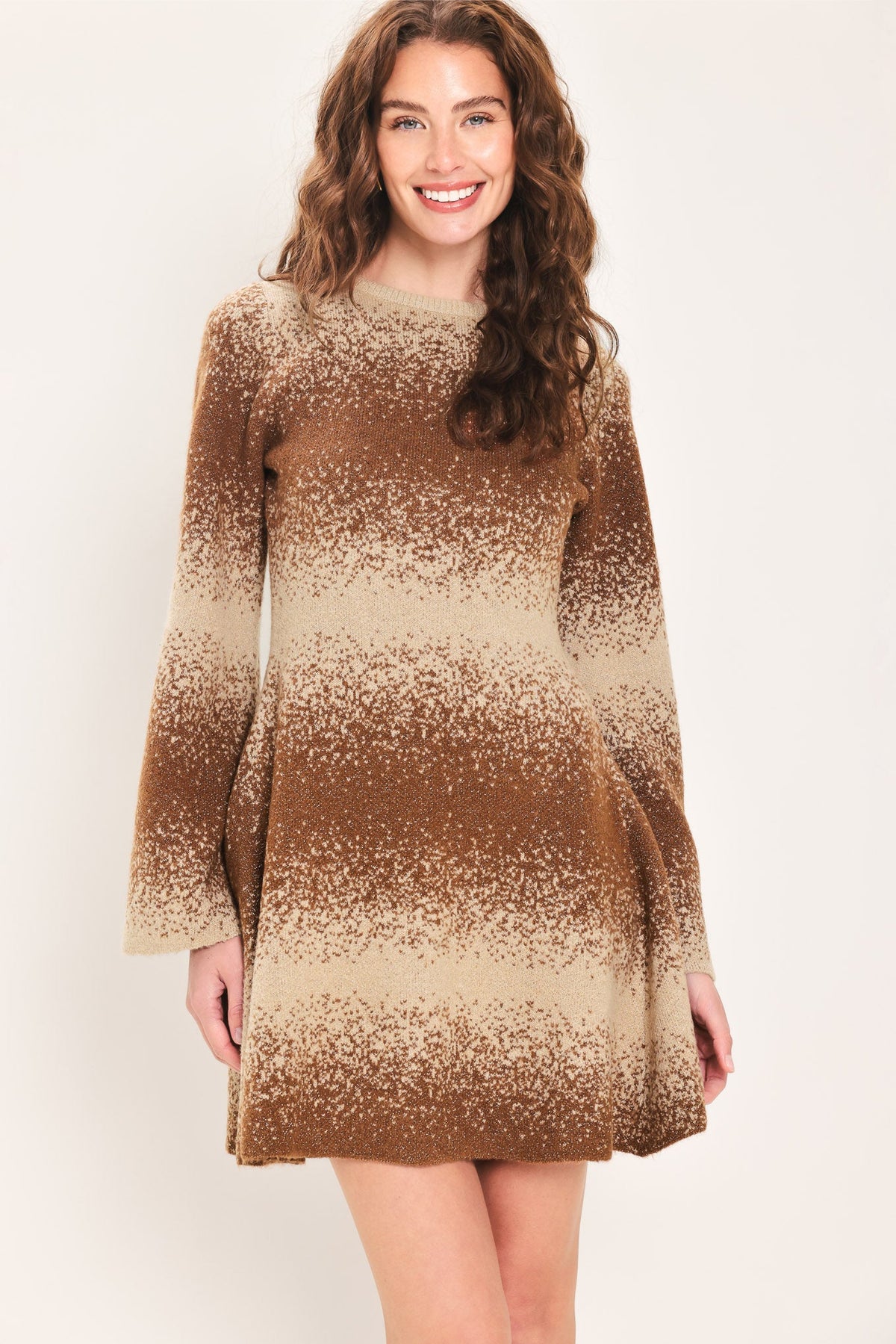 AUTUMN SHIMMER BROWN MULTI LUREX BELL-SLEEVE MINI DRESS