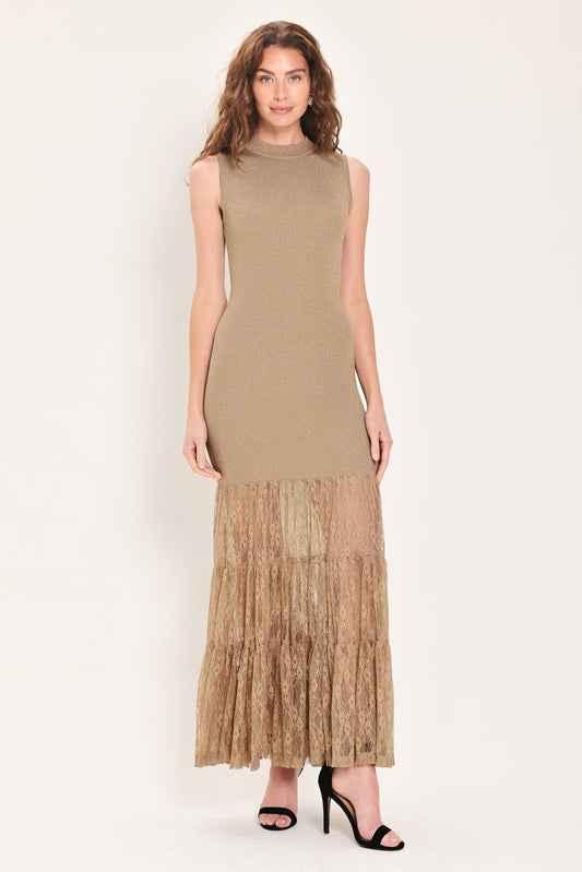 GILDED GRACE GOLD METALLIC LACE-TIER SWEATER MAXI DRESS