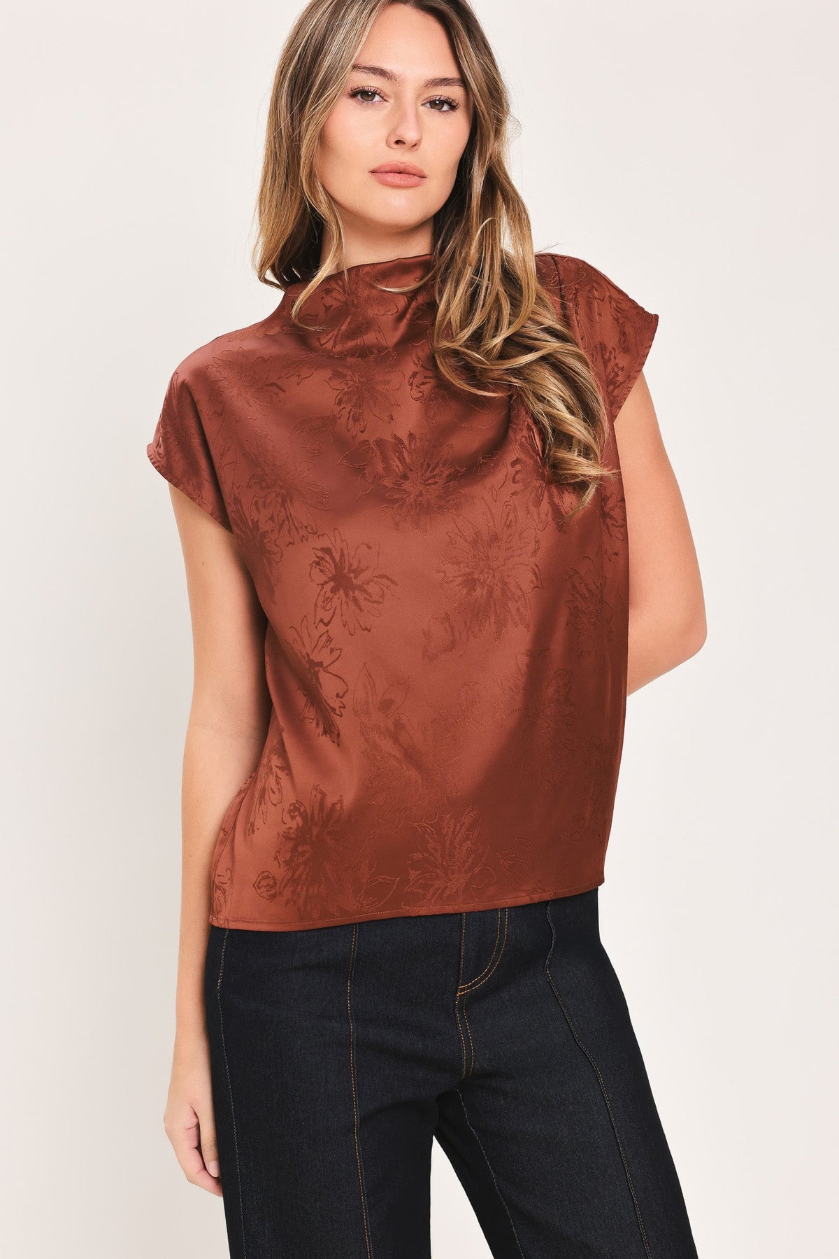 BURGUNDY DYNASTY JACQUARD SATIN FUNNEL-NECK TOP