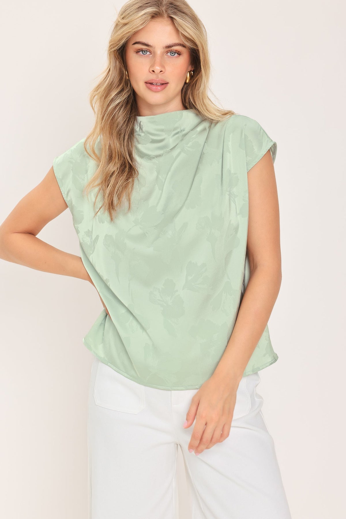 BURGUNDY DYNASTY JACQUARD SATIN FUNNEL-NECK TOP