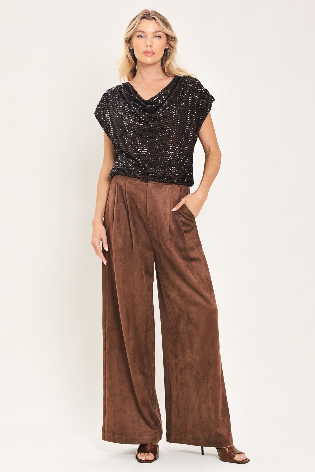 BRONZE GLOW BROWN SEQUIN COWL-NECK DOLMAN TOP