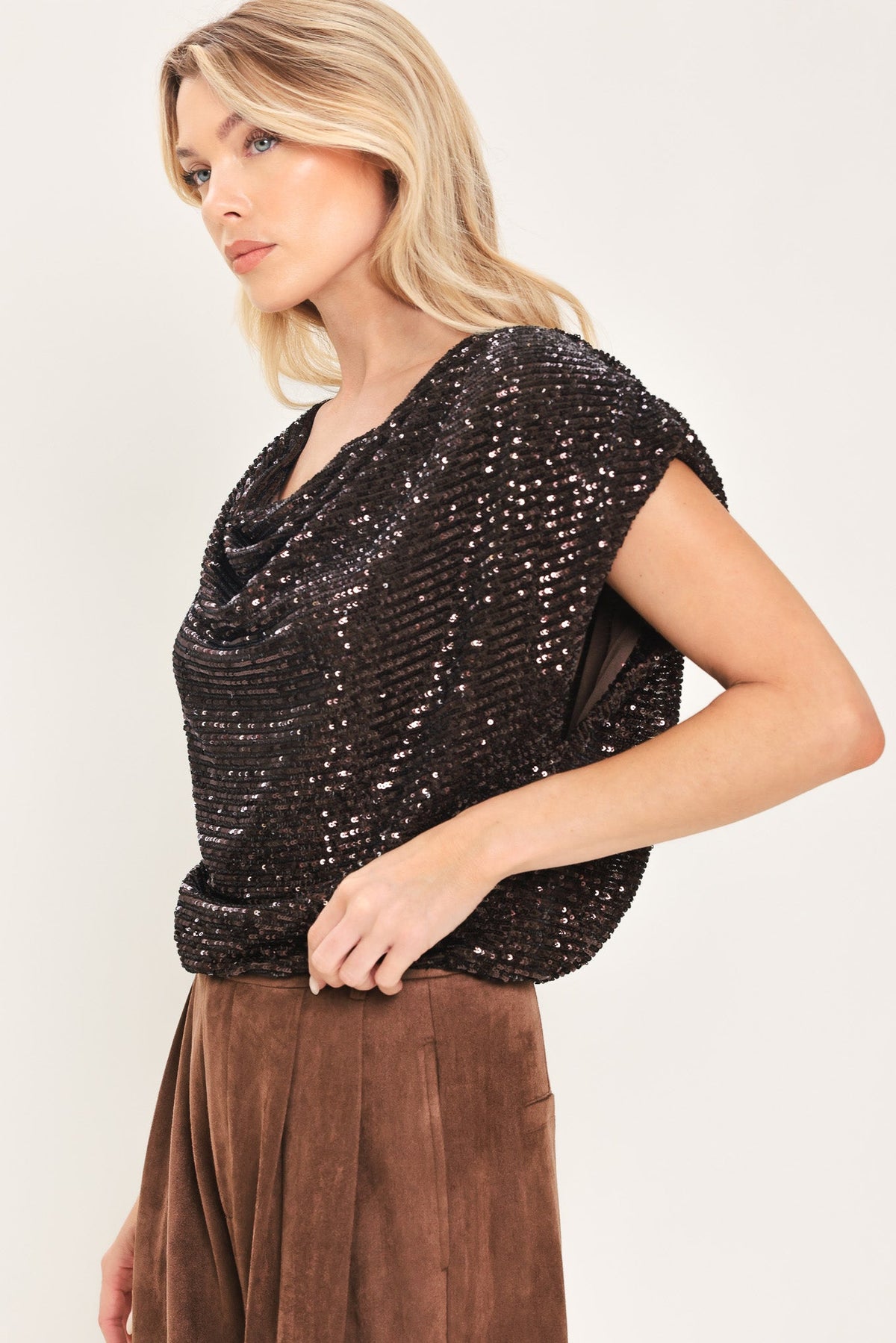 BRONZE GLOW BROWN SEQUIN COWL-NECK DOLMAN TOP