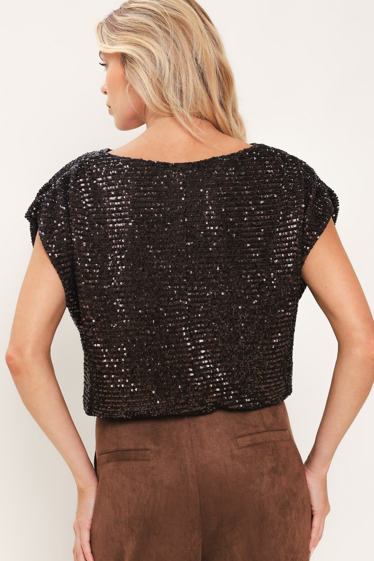 BRONZE GLOW BROWN SEQUIN COWL-NECK DOLMAN TOP