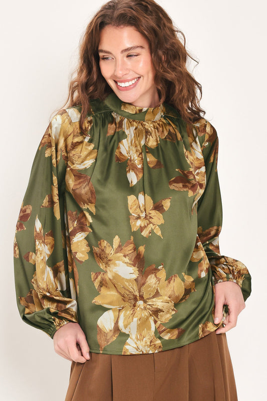 OLIVE ALLURE PRINTED HIGH-NECK BLOUSON-SLEEVE TOP