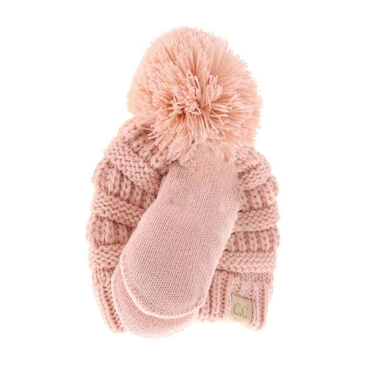 BABY Solid Knit Pom C.C Beanie with Mitten SET