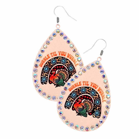 Thanksgiving Turkey Printed Teardrop Metal Dangle Earrings