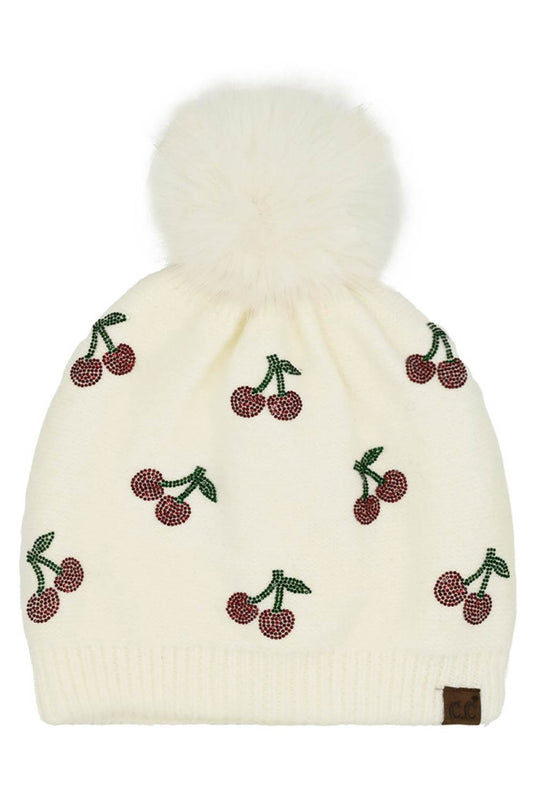 C.C Rhinestone Cherry Pattern Pom Beanie Hat