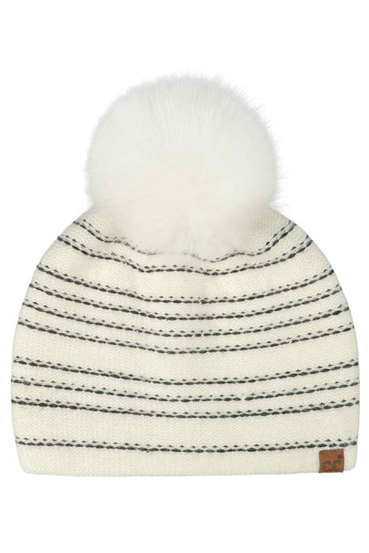 C.C Stripe Stitches with Sequin Angora Pom Beanie Winter Hat