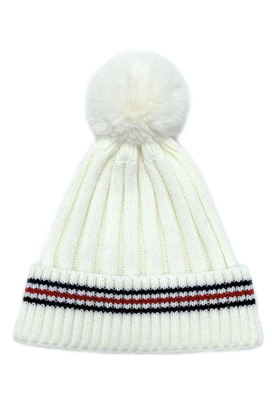 Stripe Rib Super Soft Cuff Beanie with Faux Fur Pom