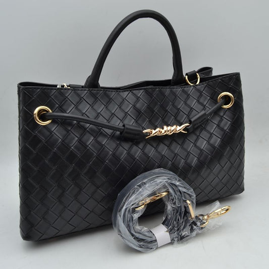 Woven Checkerboard Top-Handle Tote Bag with Detachable Crossbody Strap