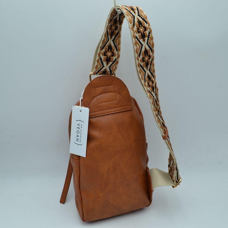 Multi-Zip Sling Backpack with Patterned Shoulder Strap
