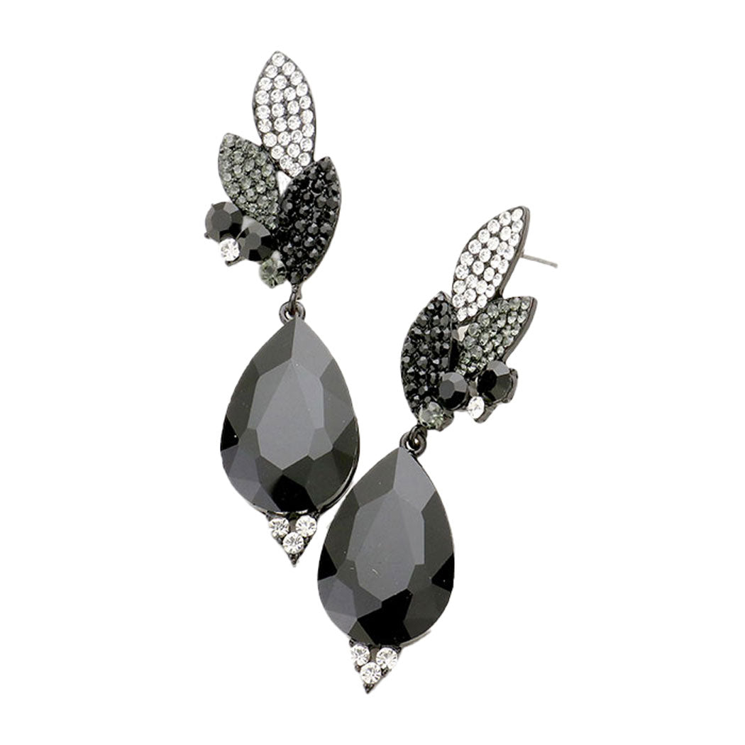 Crystal Rhinestone Pave Leaf Teardrop Evening Earrings