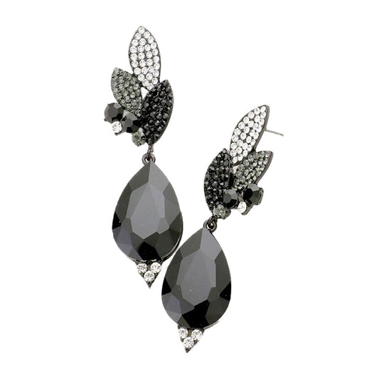 Crystal Rhinestone Pave Leaf Teardrop Evening Earrings