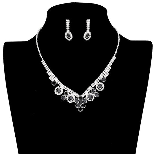 Round Stone Flower Accented Rhinestone Pave Necklace