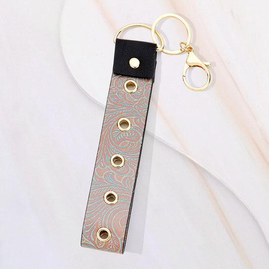 Floral Leaf Pattern Faux Leather Keychain Bag Charm