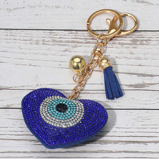 Bling Studded Heart Evil Eye Tassel Keychain Bag Charm