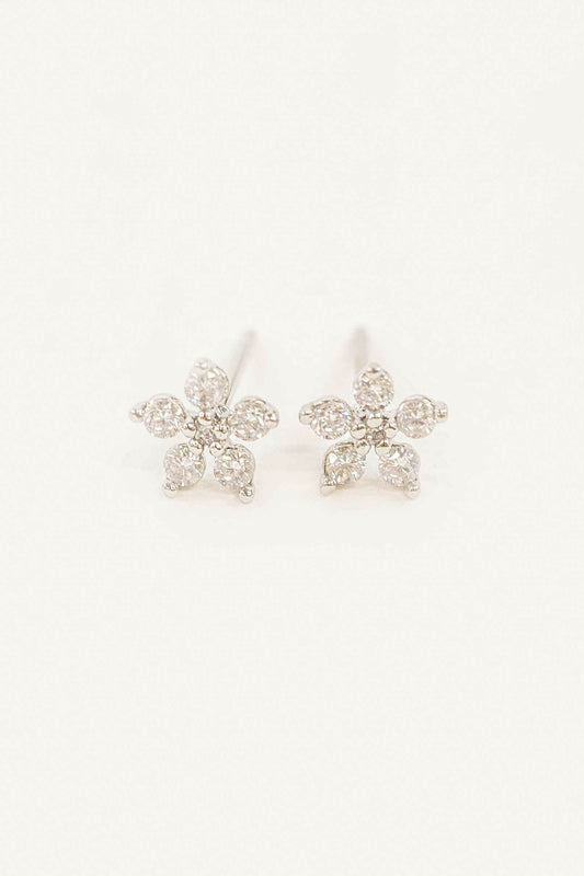 Jeweled Flower Stud Earrings | Silver